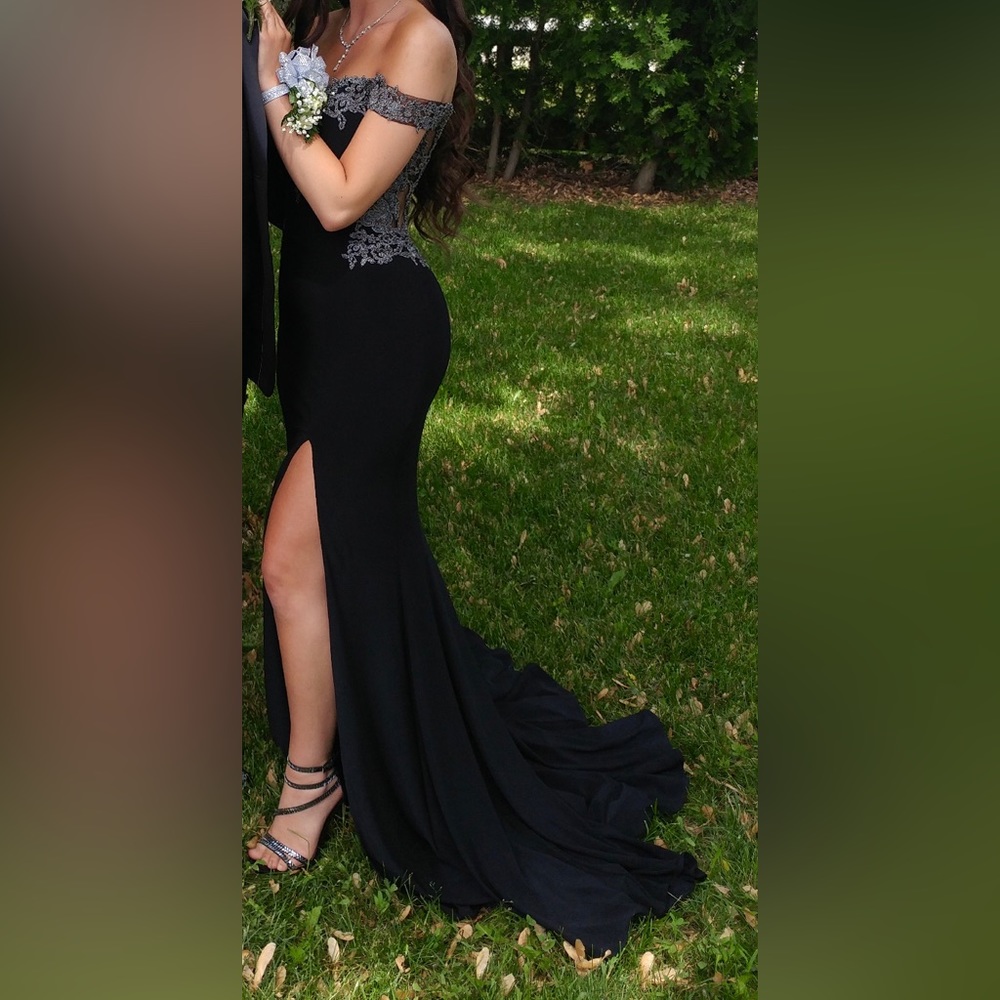 Floor Length off shoulder leg slit formal / prom dress (designer Viviana)